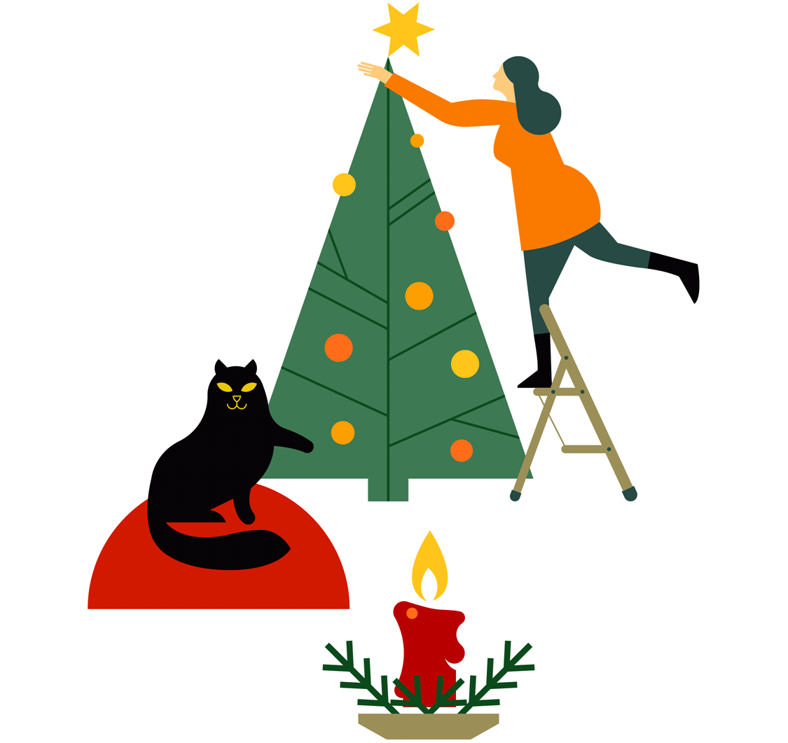Dame på stige fester julestjerne på treet. Samtidig er det bilde av en sort katt. Og et tent stearinlys.