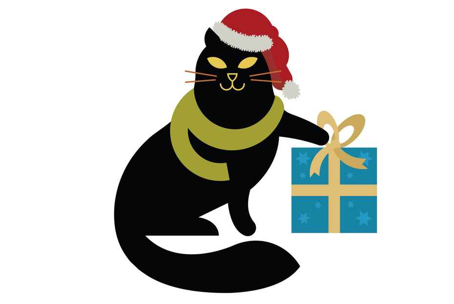 Tegning av en svart katt som holder poten på en julegave.